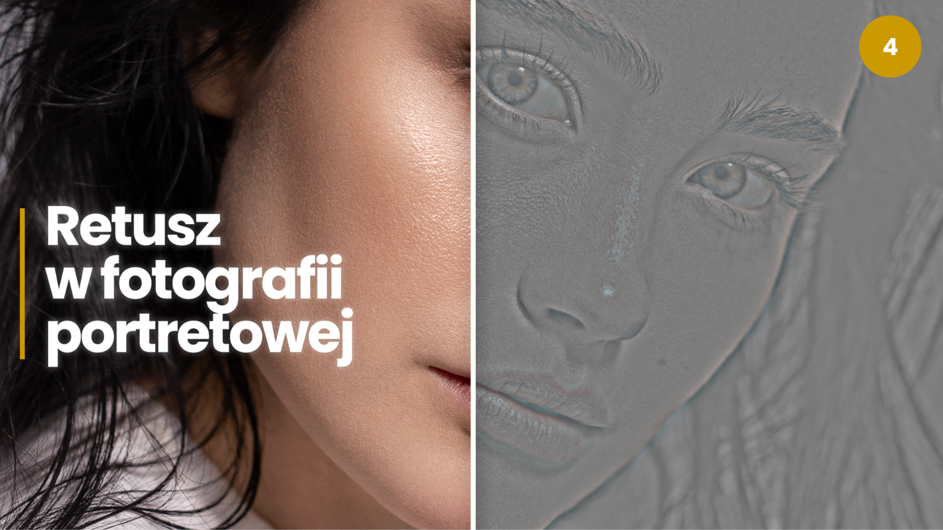 Portret kobiety przed i po retuszu skóry — przykład profesjonalnej obróbki portretowej w fotografii portretowej